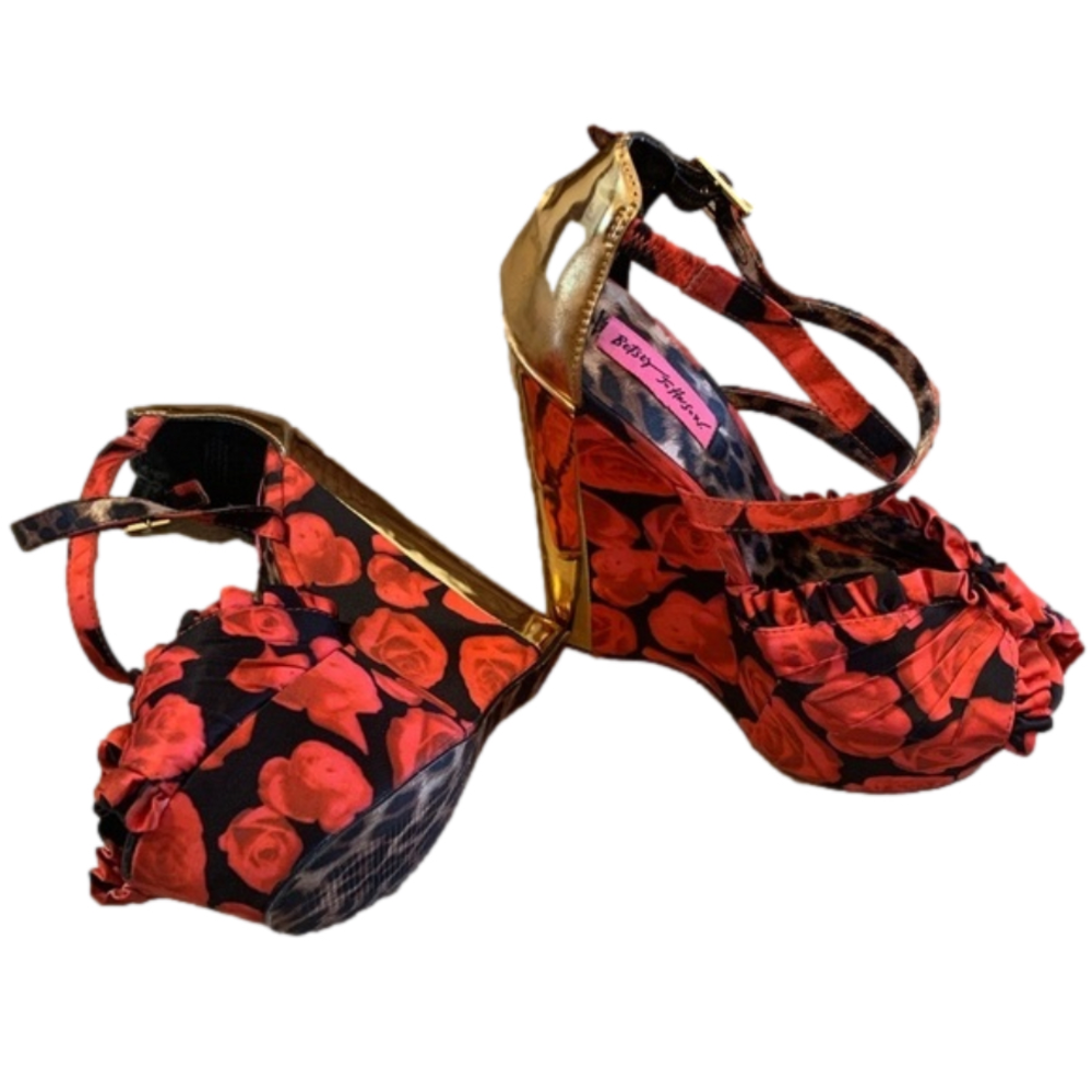 Betsey Johnson Red Rose Floral Gold Wedge Platform Heels - Picture 3 of 14